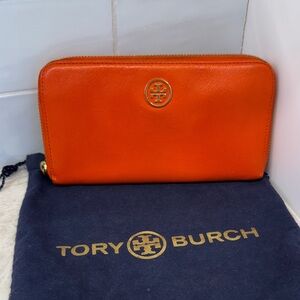 Tory Burch Bright Orange Leather Zip Wallet with Gold Logo